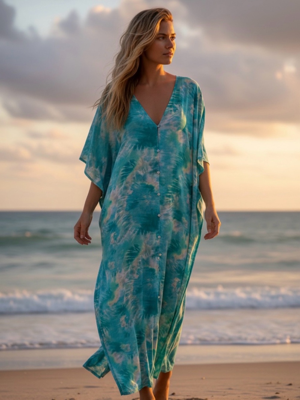Johnny Was Maxi Cover Up Kaftan S/M NWT Beach Resort Vacation Boho Turquoise